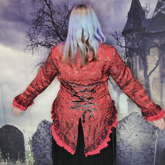 Belle Poque Jackets & Blazers - RED Victorian brocade corset laced back Gothic steampunk tail coat XL